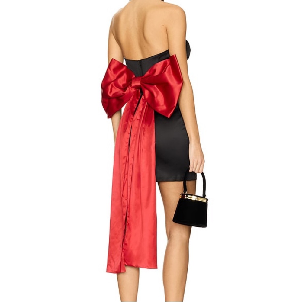 Revolve Bardot Eleni Bow Back Black satin Dress with Bold Red Bow us 2 NWT